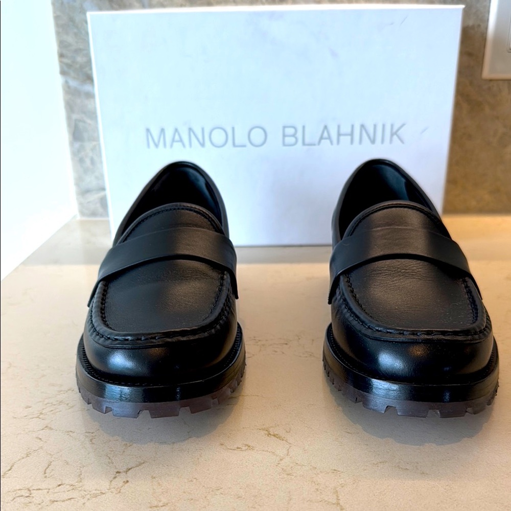 Manolo Blahnik Black Lug Sole Loafers, 39